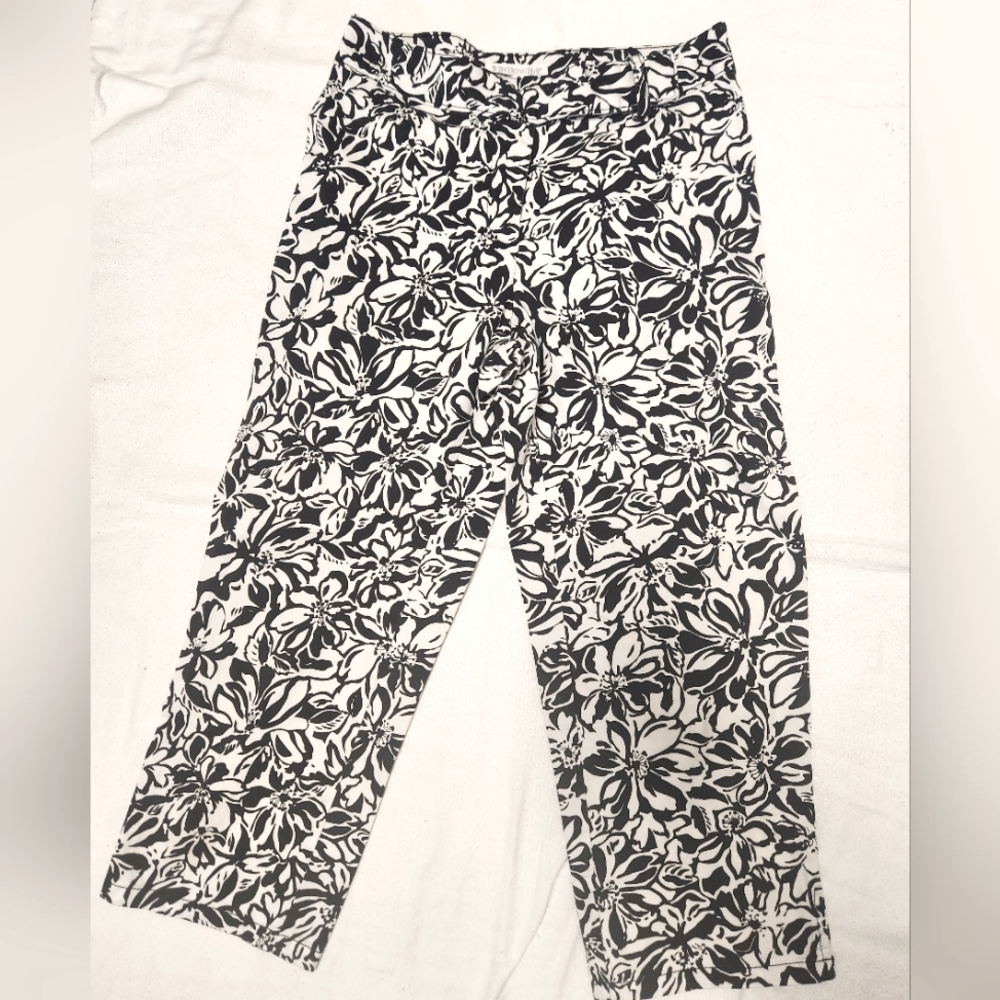 Worthington Stretch floral White Black Women's Cropped Pants Size Petite 4